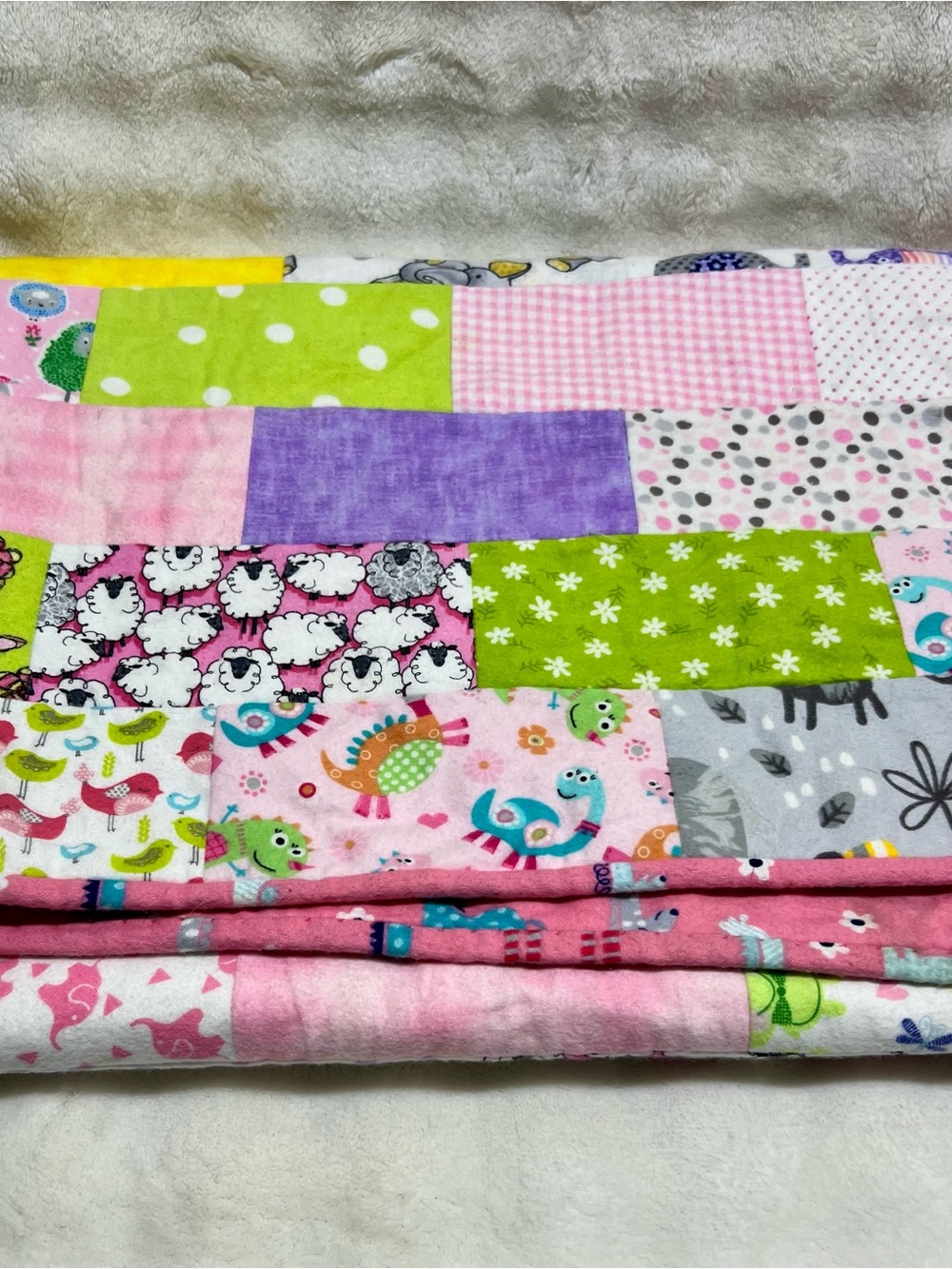 Whimsical Handmade Patchwork Baby Girl Quilt, approx. 36X43.5
